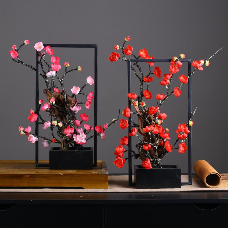 中式简约花腊梅花套装客厅假花玄关茶几装饰古典艺术插花摆件
