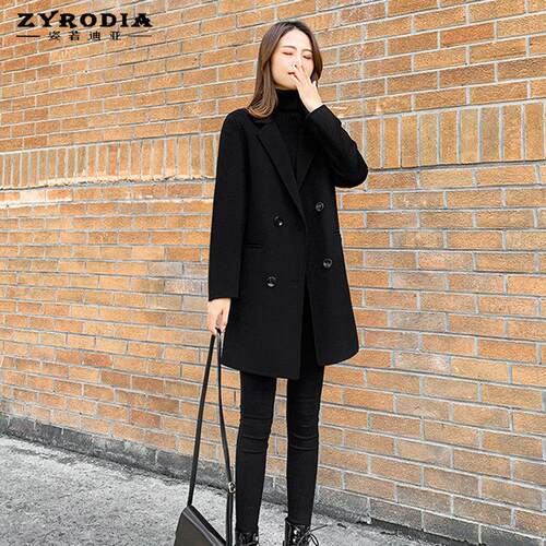 Zyrodia新冬季中长韩式修身保暖羊毛外衣女士黑色双面羊绒外衣