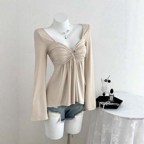 French Heart Neck Flare Sleeve Women Spring Fall Knot