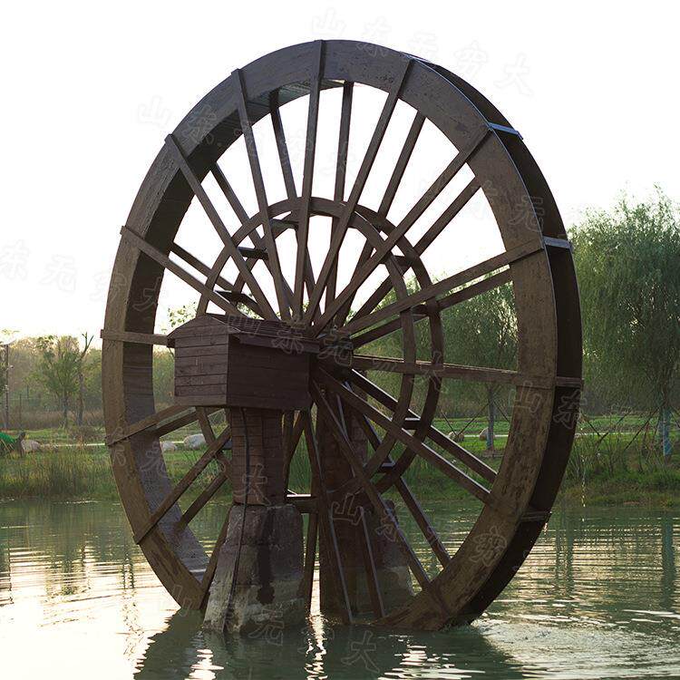 大型仿古灌溉水车摆件 户外防腐木景观小品 创意钢木结构旋转筒车