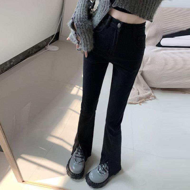 黑色开叉微喇牛仔裤女网红弹力修身显瘦小个子高腰百搭拖地喇叭裤