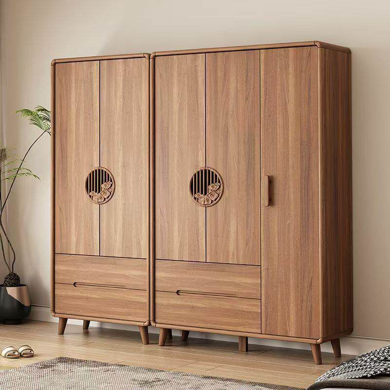 新中式胡桃色实木框衣柜卧室储物柜儿童衣物收纳柜简约衣橱大容量