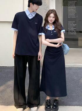 情侣装法式桔梗学院风假两件短袖连衣裙夏设计感气质长裙收腰显瘦
