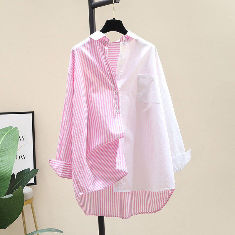 粉色条纹拼接衬衫女中长款2026春秋新款韩范文艺前短后长衬衣外套