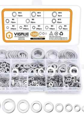 1080PCS套装平垫圈侧垫圈11种尺寸304不锈钢垫圈和垫圈配箱M2-M16