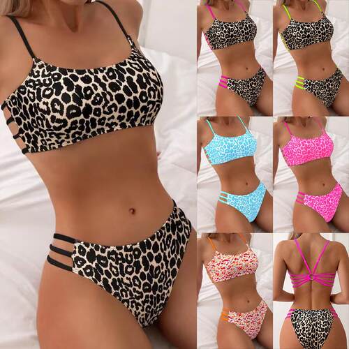 Women'S Leopard Color Block Bikini Set, Two-Piece Strapless