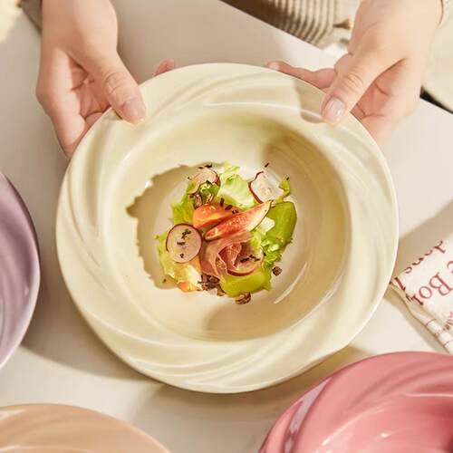 高颜值奶油风陶瓷盘子家用甜品盘餐厅西餐盘意面盘沙拉盘草帽盘