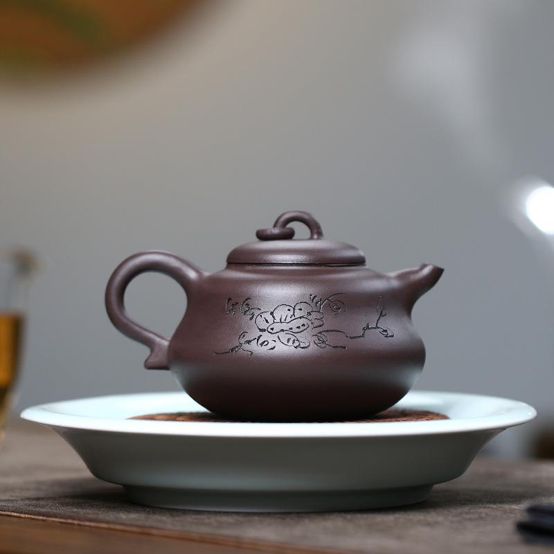 宜兴紫砂壶名家陈腐老紫泥大容量280毫升葫芦茶壶 全手工刻绘图案