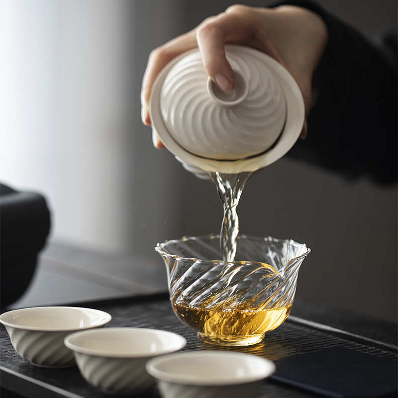 墨己草木灰螺旋纹盖碗三杯便携包套装公旅行茶具陶瓷快客杯整套