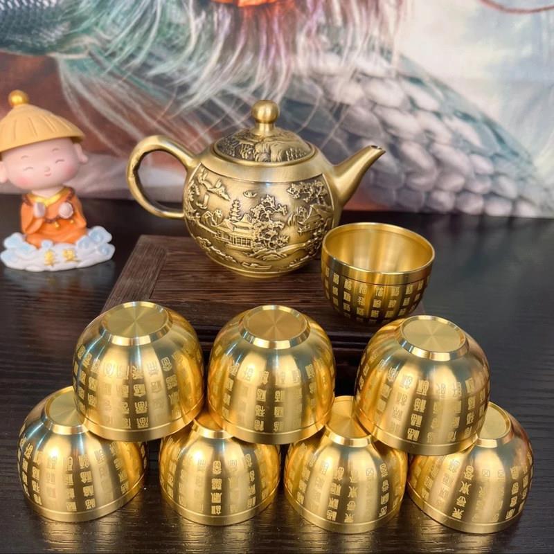 【送8个百福茶杯】黄铜山水茶壶高档复古创意工艺品摆件百福杯礼