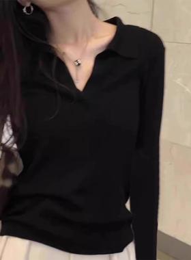 黑色V领针织长袖T恤女春秋新款修身内搭打底衫时尚翻领POLO0110h