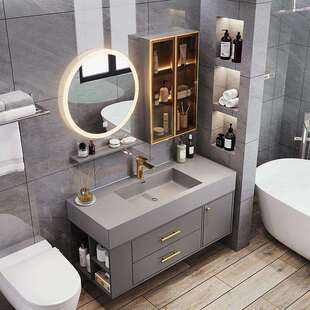 蓝加全桉木简约肤感无缝盆陶瓷双盆浴室柜组合可丽耐一体盆洗脸柜