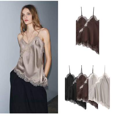 Yellow Lace Top Woman Asymmetric Camisole Summer Sleeveless