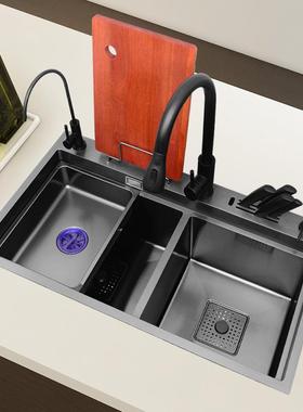 黑色纳米多功能水槽双水槽304不锈钢厨房洗菜盆阶梯手工加厚洗碗
