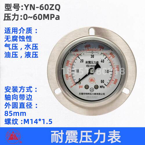 耐震压力表YN-60ZQ M14*1.5工业用压力计 40MPa高压测量雪浪牌液
