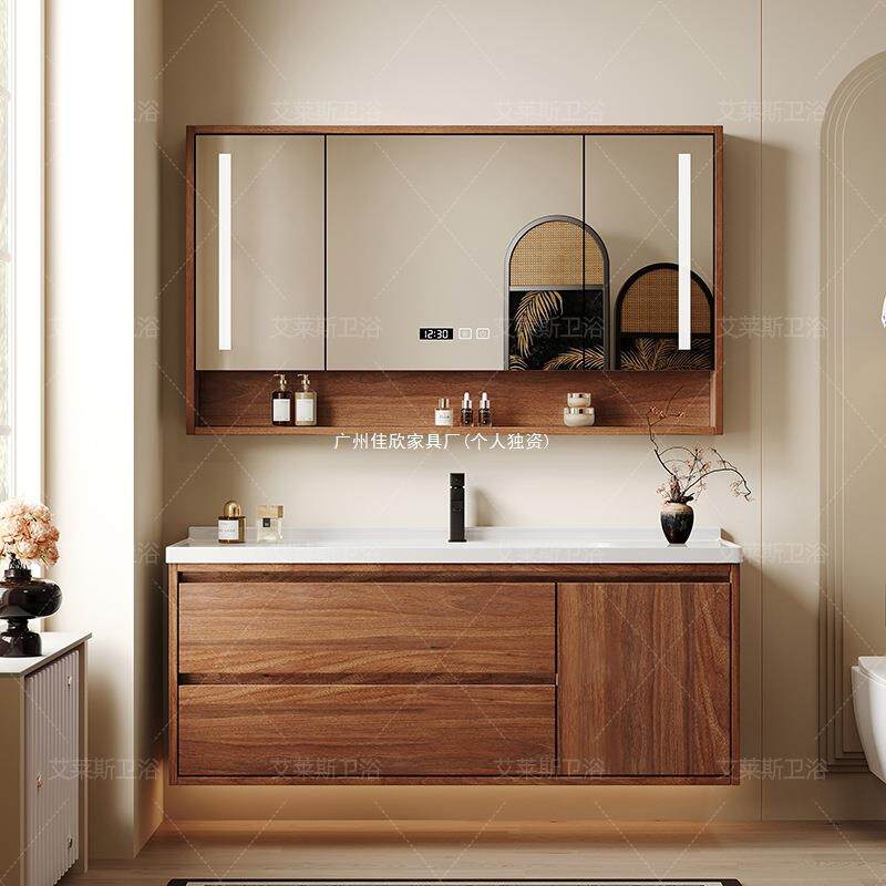 新款胡桃木色陶瓷一体盆浴室柜中古风卫生间洗漱台洗手脸盆柜组合