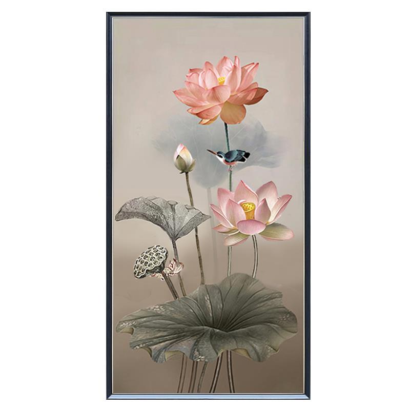 和气生财纯手绘油画荷花卉现代玄关装饰画竖版走廊过道新中式挂画