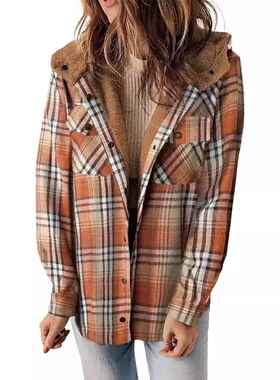 Women's long sleeved jacket, plaid woolen hooded jacket,