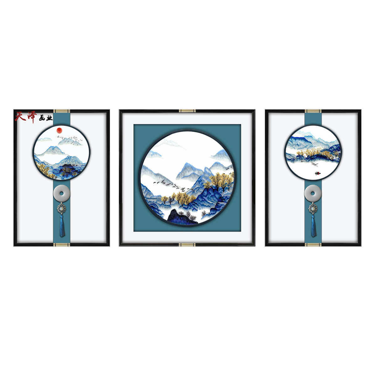 新三联背景刺绣墙装饰画酒店潮装修画国店铺挂画中式中式壁饰客厅
