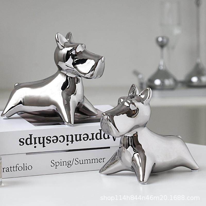 北欧轻奢风陶瓷镀银小狗家居客厅电视酒柜装饰品创意书房书挡摆件