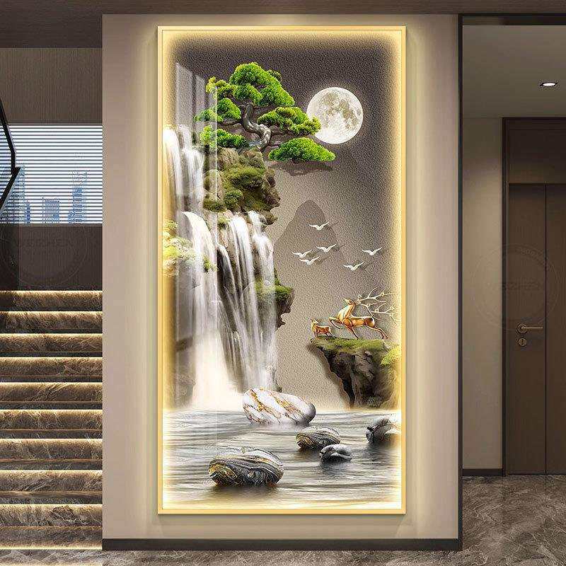 流水生财山水画玄关装饰画迎客松进门入户挂画带灯走廊过道壁灯画