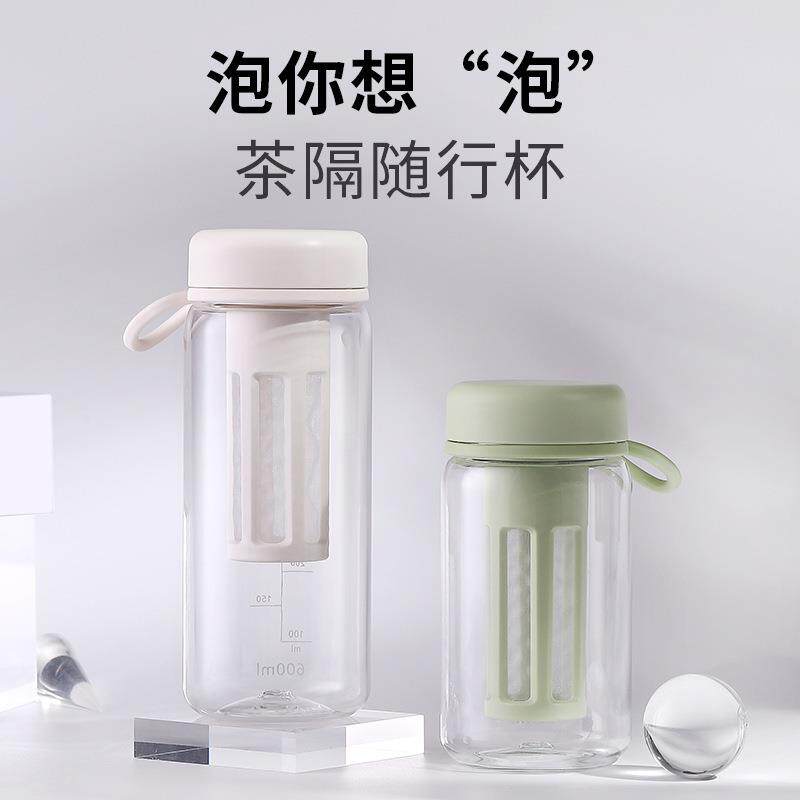 夏季小清新塑料杯成人学生户外便携手提刻度咖啡杯滤网泡茶透明杯