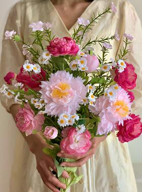 田园风仿真花小雏菊野花露莲花束花瓶摆件客厅插花结婚手捧花装饰