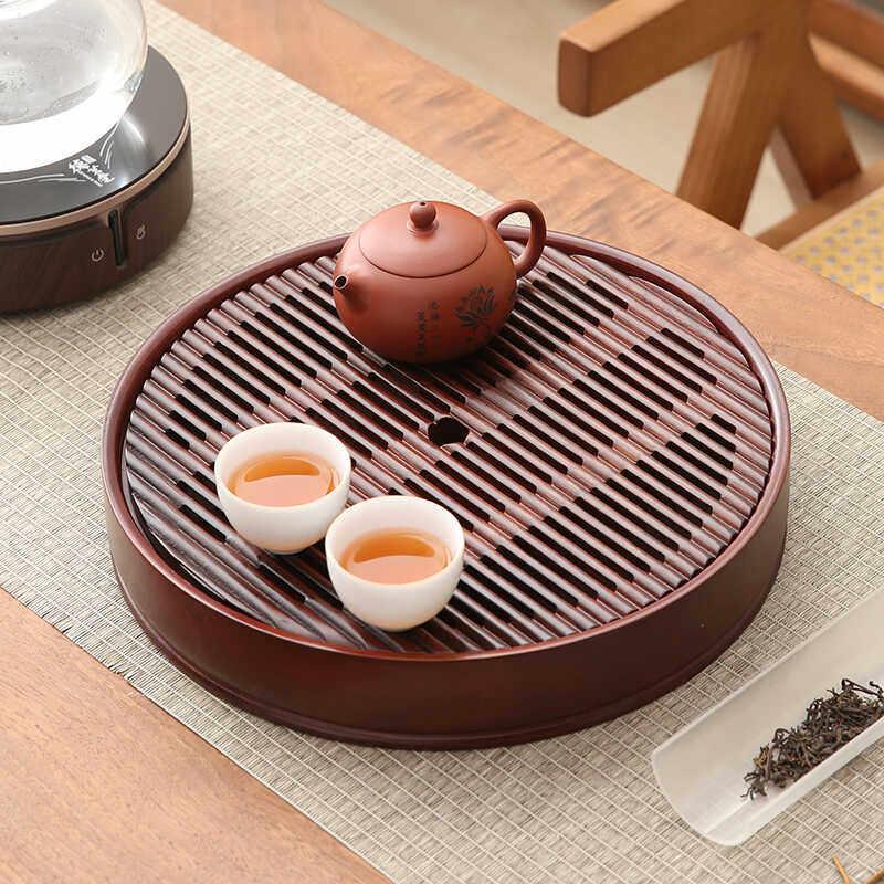 家用小型储排两用圆形茶盘茶具干泡台简约中式复古竹制沥水托盘