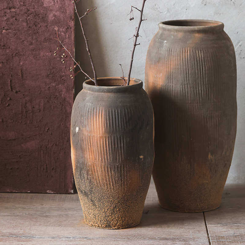 高款土陶罐大花瓶 客厅落地中式禅意侘寂风复古粗陶罐批发,家居饰品,花瓶,淘宝优惠券,粉丝福利购,淘宝优惠卷