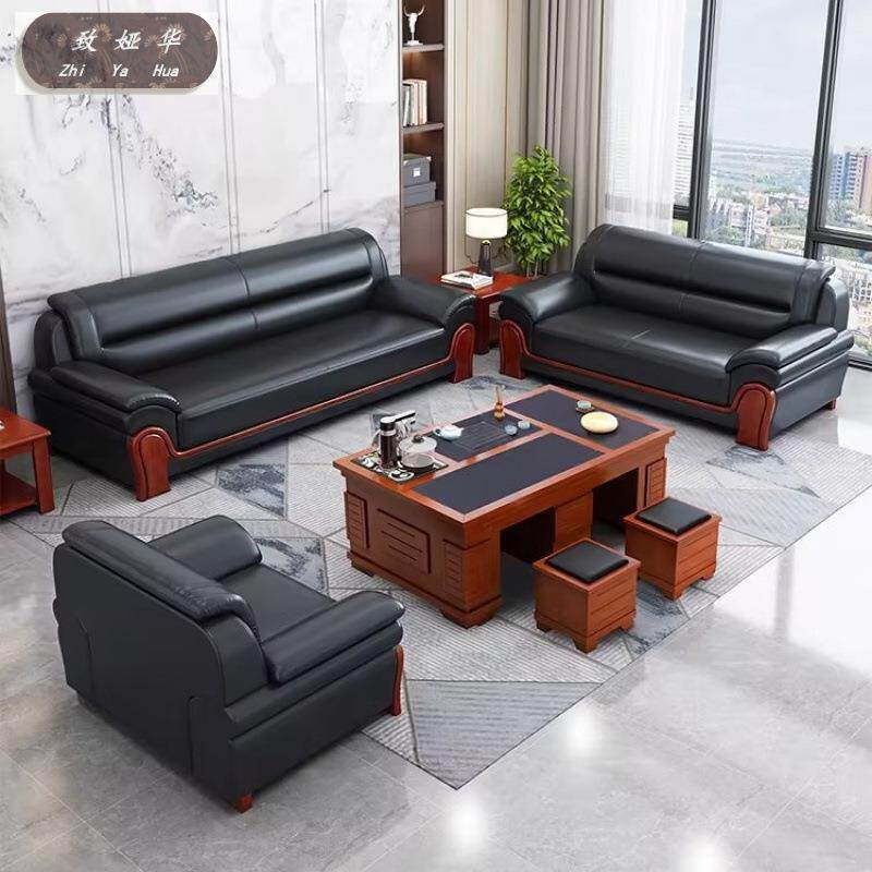 单沙双实三人位会客接室皮艺木沙发商务待办公发茶无品牌/几组合