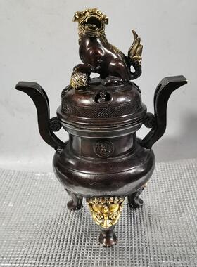 铜鎏金三足如意耳狮绣球狮盖铜熏香炉居家摆件古玩铜器收藏