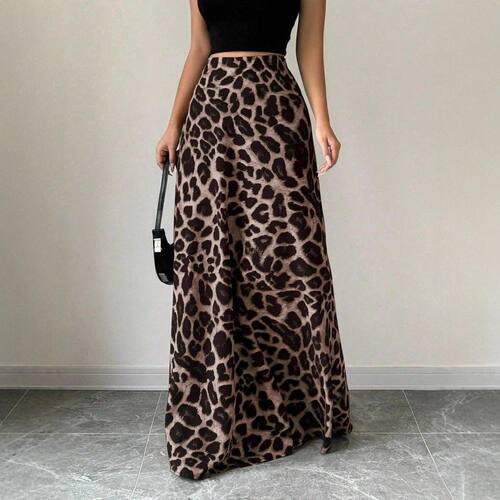 Women's Leopard Print Fitted Woven Maxi Skirt Casual