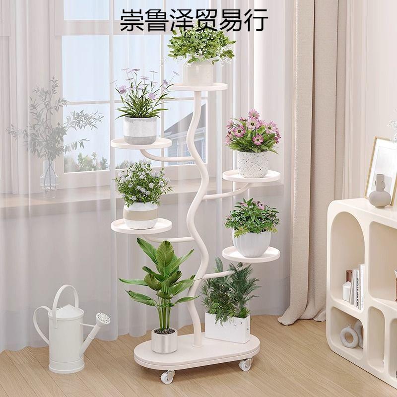 新款轻奢花架子室内家用落地式阳台置物架可移动带轮多层花盆托架