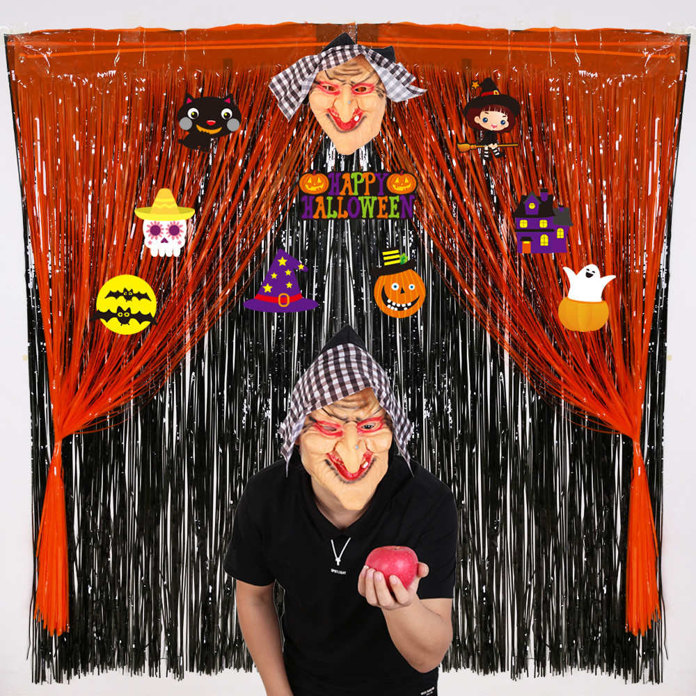 万圣节白黑橙色雨丝帘鬼节派对装饰背景墙布置帘女巫面具雨丝套装