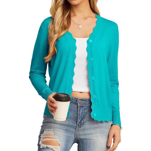 Women's Light Blue Lace Trim V-Neck Button-Up Cardigan