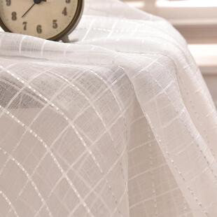 日式格子纱窗帘纯白色窗纱织物客厅窗帘成品阳台薄沙帘纱