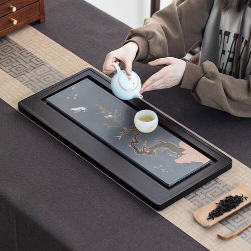 家乌金石头茶盘用茶托盘沥水小型轻奢现代干泡茶台RTQ排具托盘水