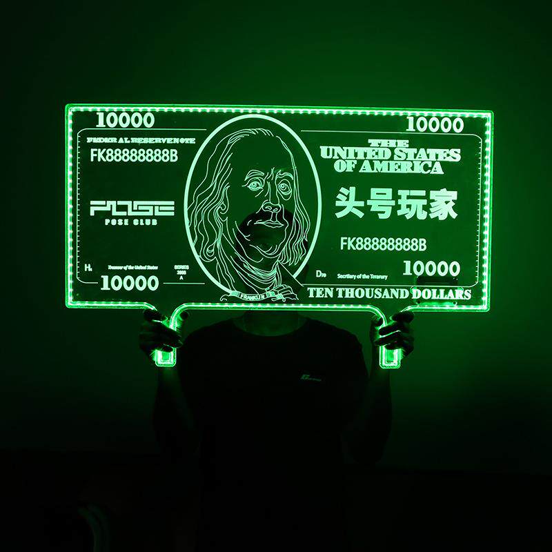 LED发光亚克力透明手举牌酒吧夜场KTV出酒道具美元人像幻彩字牌子