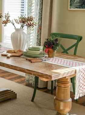 美复古红色网格编织旗流苏桌圣诞节日氛式围饰感装餐桌TZU垫茶几