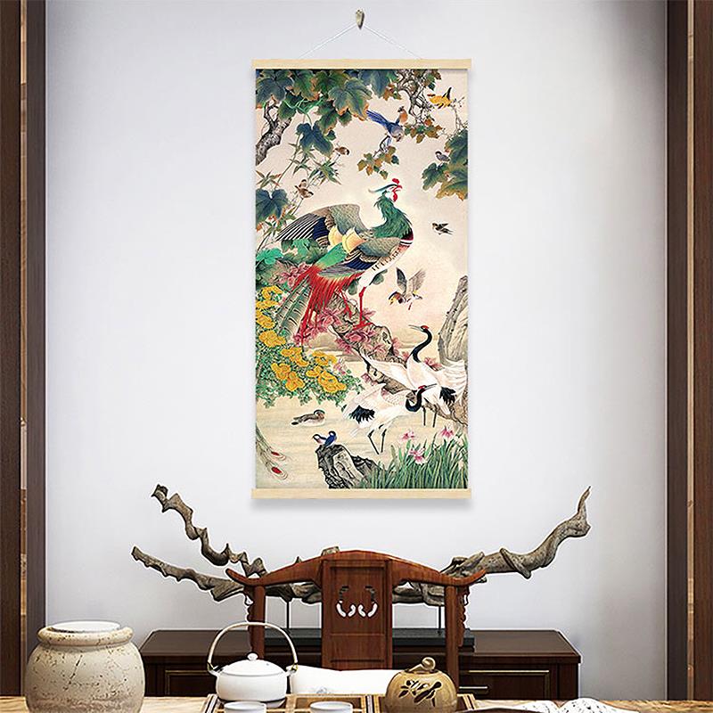 百鸟朝凤玄关画布艺挂画遮挡电表箱装饰画凤凰图壁画客厅过道墙画图片