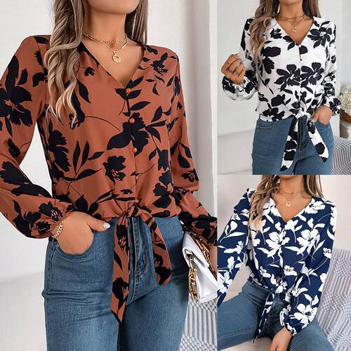 Flower lantern sleeves lace up shirt top women's