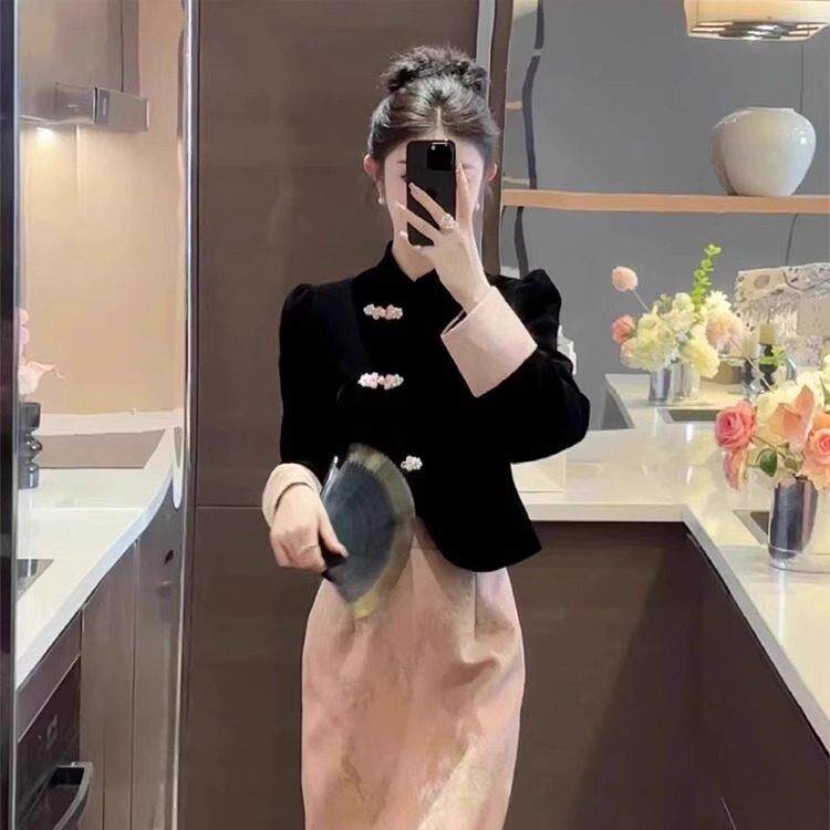 欧洲站春装女款2026新款新中式国风套装黑色气质显瘦半身裙两件套