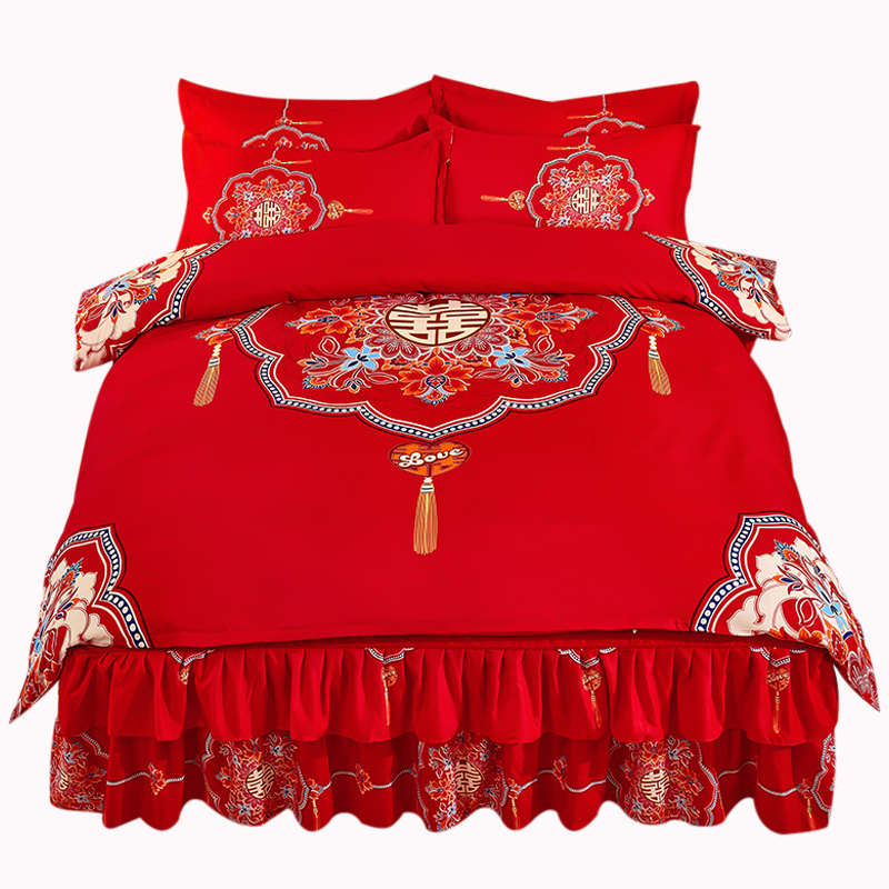 结婚床上用品四件套婚庆大红色新婚礼床裙款磨毛床单被罩裸睡喜被