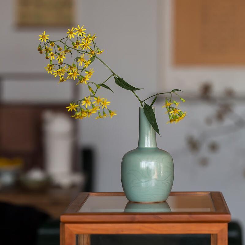 汝官窑复古天青中式陶瓷桌面摆件小花瓶花器家居花插茶具茶道配件