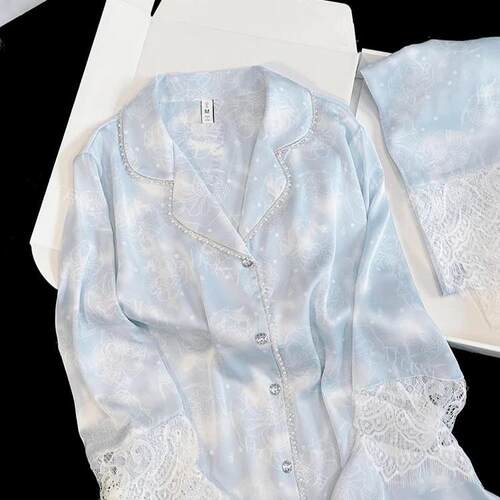 睡衣女款2026新款夏春秋季冰长袖长裤开衫蕾家居服套装1005d