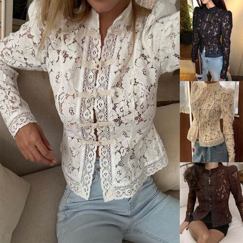 Women’s Lace Button‑Down Shirt:Fit Long Sleeve Sheer Top.