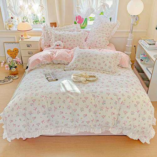新款小清新公主风荷叶花边印花家用床上用品四件套学生宿舍三件套