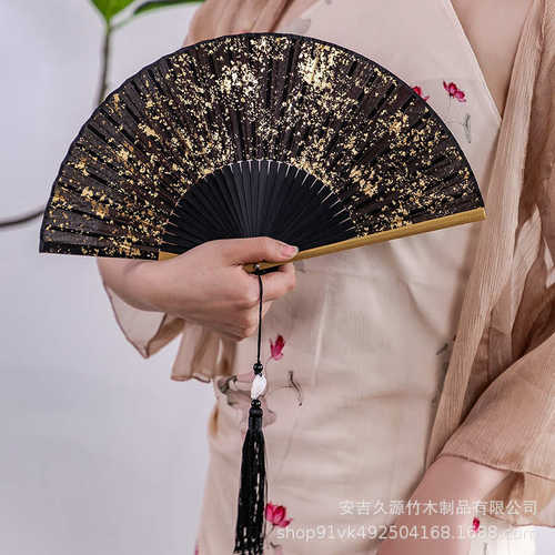 金银扇子古风古典黑折扇小巧汉服舞蹈扇随身易开合送流苏扇袋