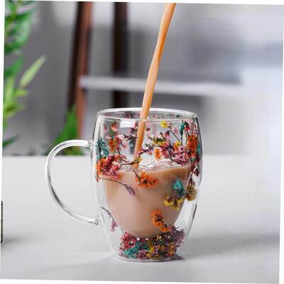 Creative Double Wall Glass Cup Real Flower Conch Flash Fille