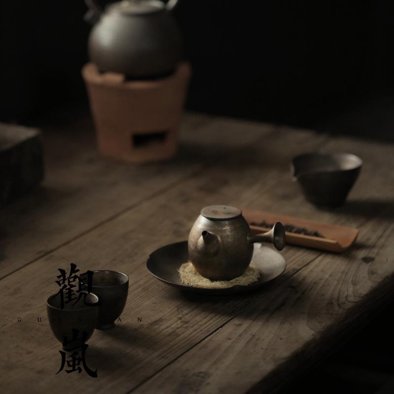 中式粗陶仿古茶壶手工铁锈釉陶壶复古鎏金侧把壶功夫茶具泡茶单壶